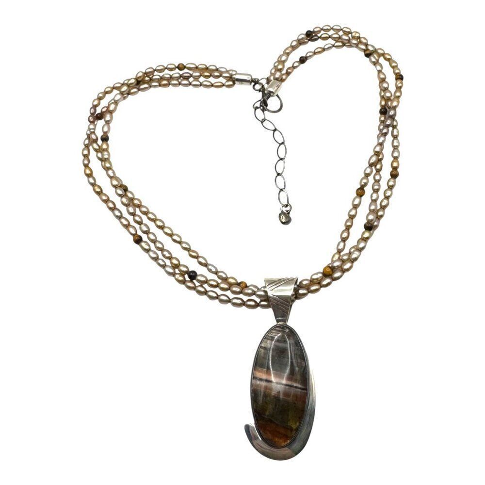 Jay King Sterling Silver & Pearl Necklace With Oval Crazy Lace Agate Pendant